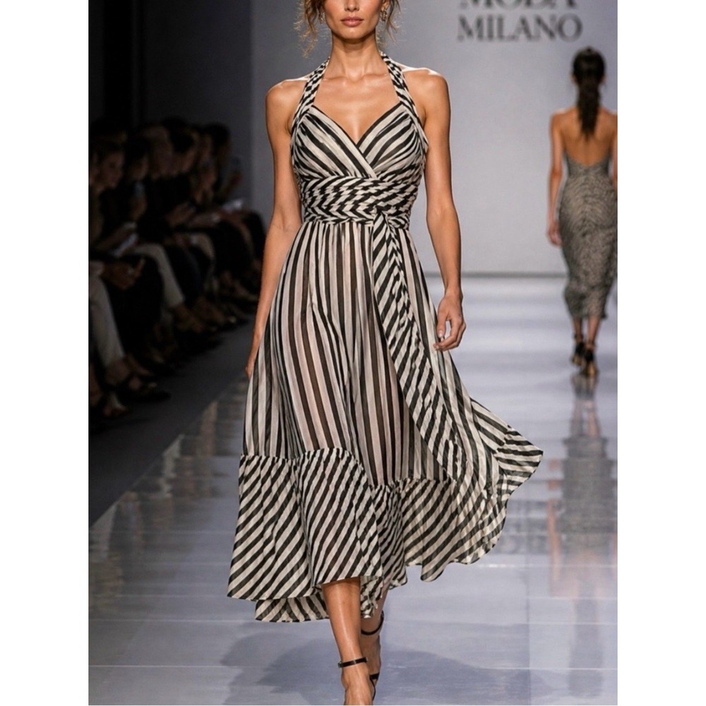 BCBGMaxAzria Black and White Striped Halter Midi Dress Womens 10 Silk Chiffon
